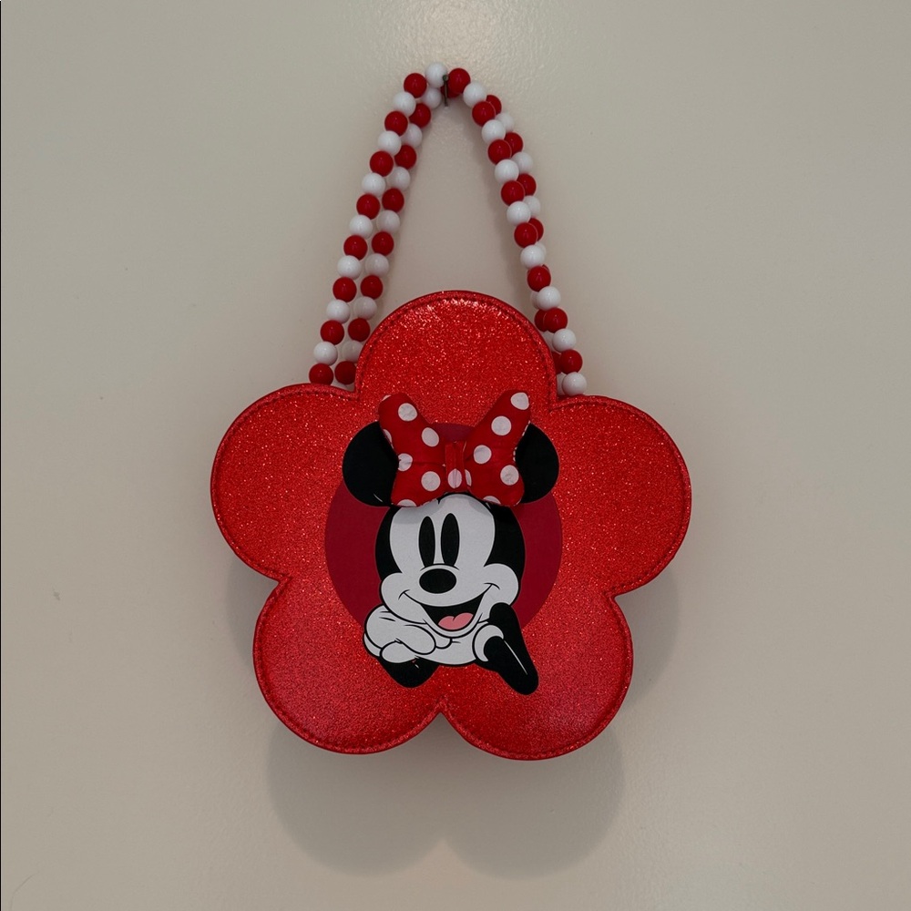 Disney Store Minnie Mouse Red Glitter Flower Purse | Beaded Handle Crossbody Bag - Picture 5 of 10
